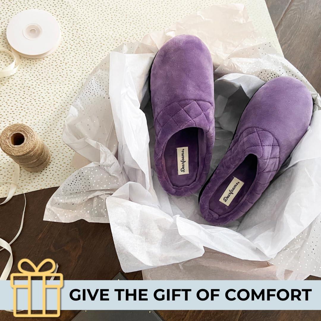 imageDearfoams Womens Lightweight Memory Foam Indoor House Slipper Darcy Velour Clog with Wide WidthsStarry Sky