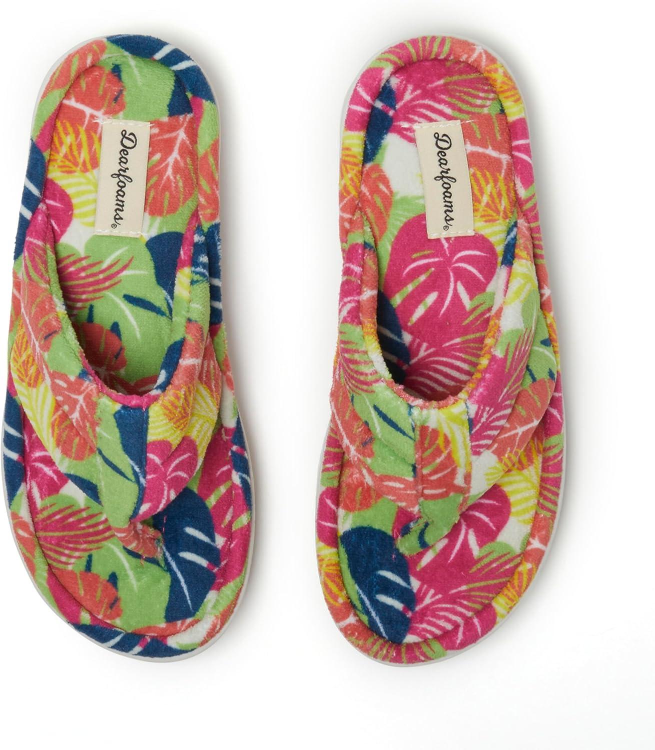 imageDearfoams Womens Melanie Colorblocked Microfiber Terry Thong SlipperTropical Print