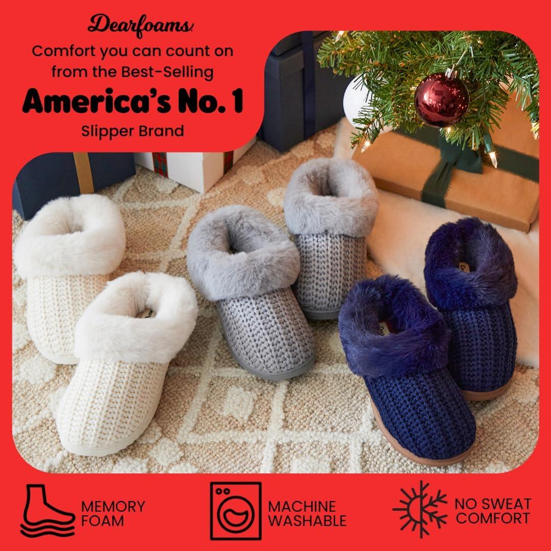 imageDearfoams Womens Memory Foam Cozy Soft House Slippers Gifts for Women Hannah Knit Clog House ShoesSleet Solid