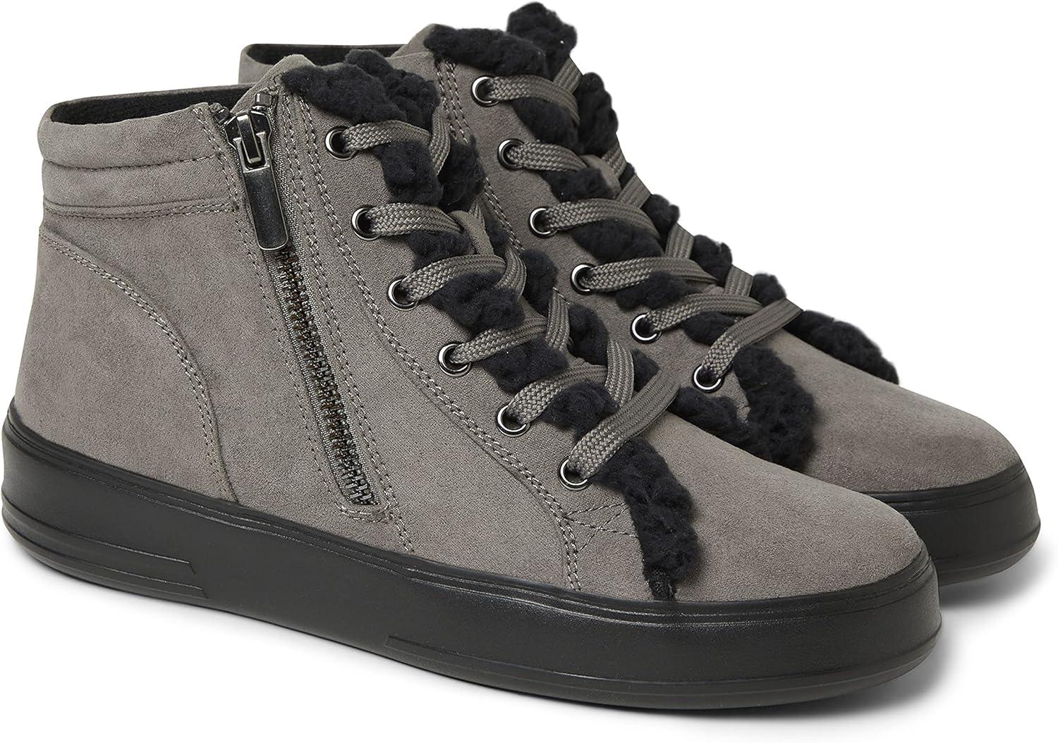 imageDearfoams Womens Original Comfort Outside Zip ampamp Lace Bootie with Faux Fur DetailGrey