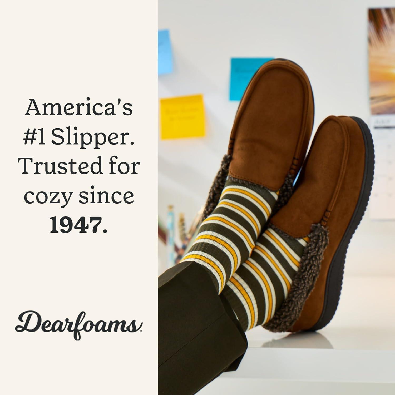 imageDearfoams mens Gifts for Dad Memory Foam Moccasin Slip on Breathable House Shoes SlippersChestnut