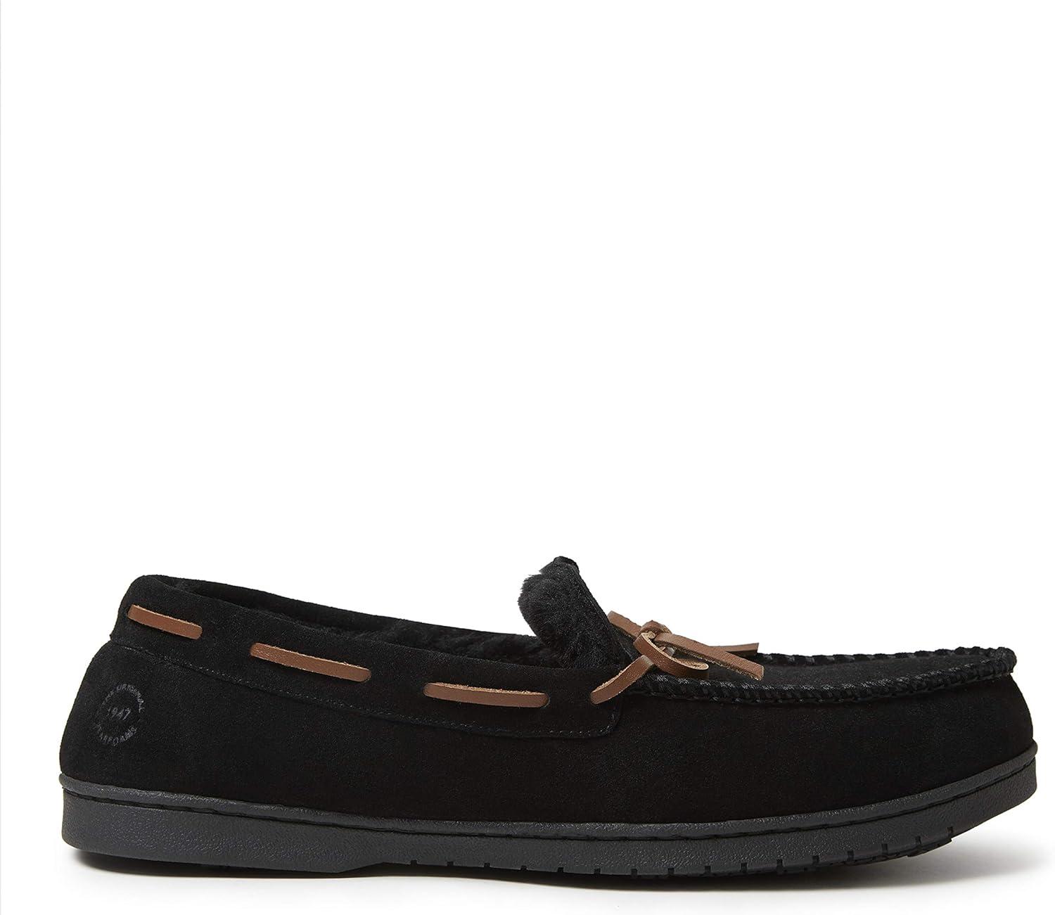 imageDearfoams mens Hudson Genuine Suede Memory Foam Moccasin With Tie SlipperBlack
