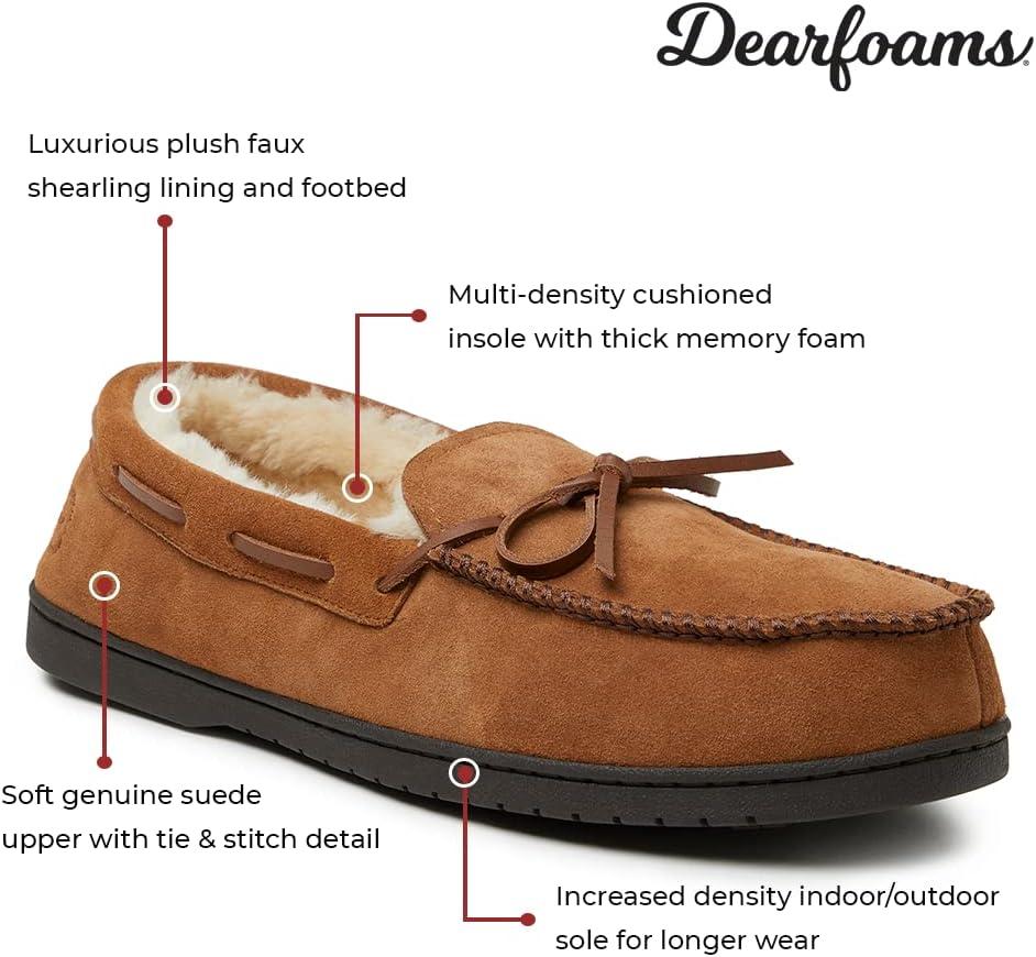 imageDearfoams mens Hudson Genuine Suede Memory Foam Moccasin With Tie SlipperChestnut