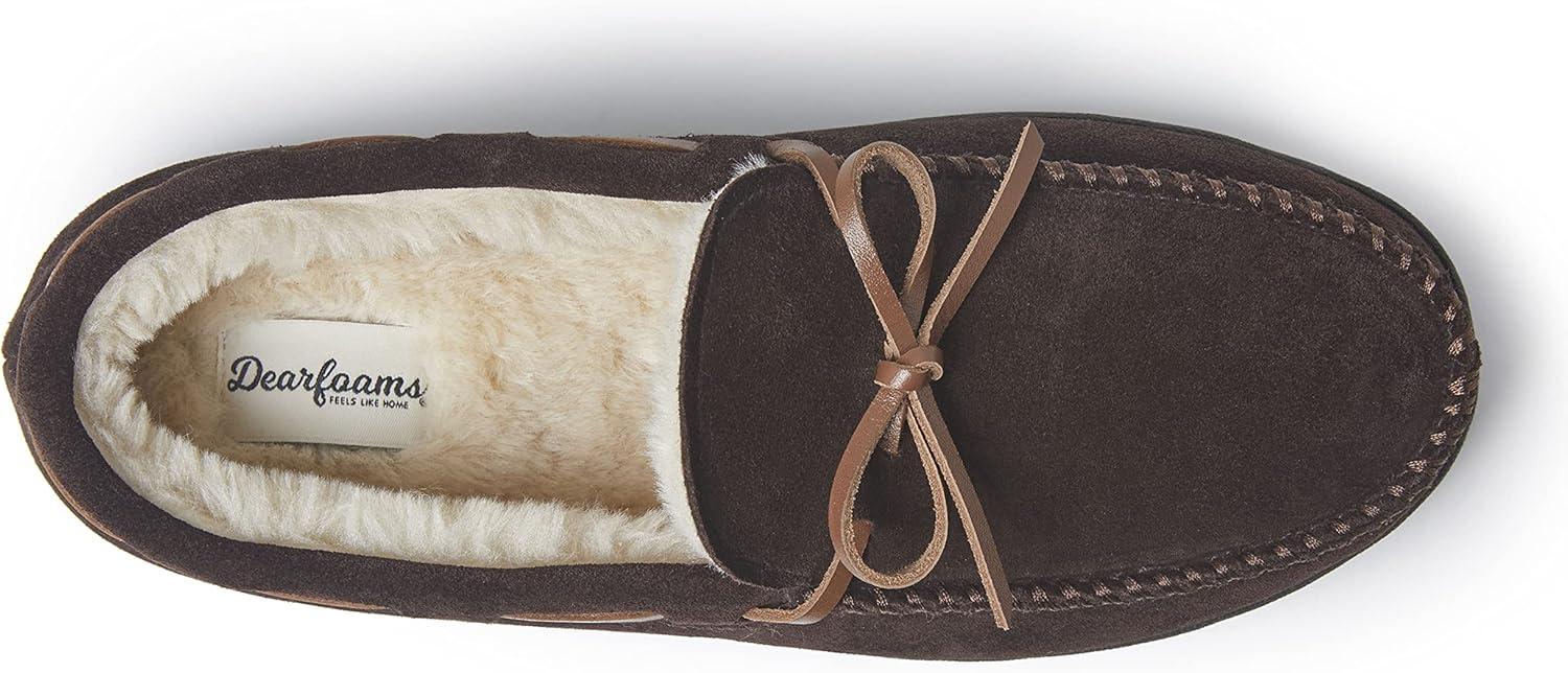imageDearfoams mens Hudson Genuine Suede Memory Foam Moccasin With Tie SlipperCoffee