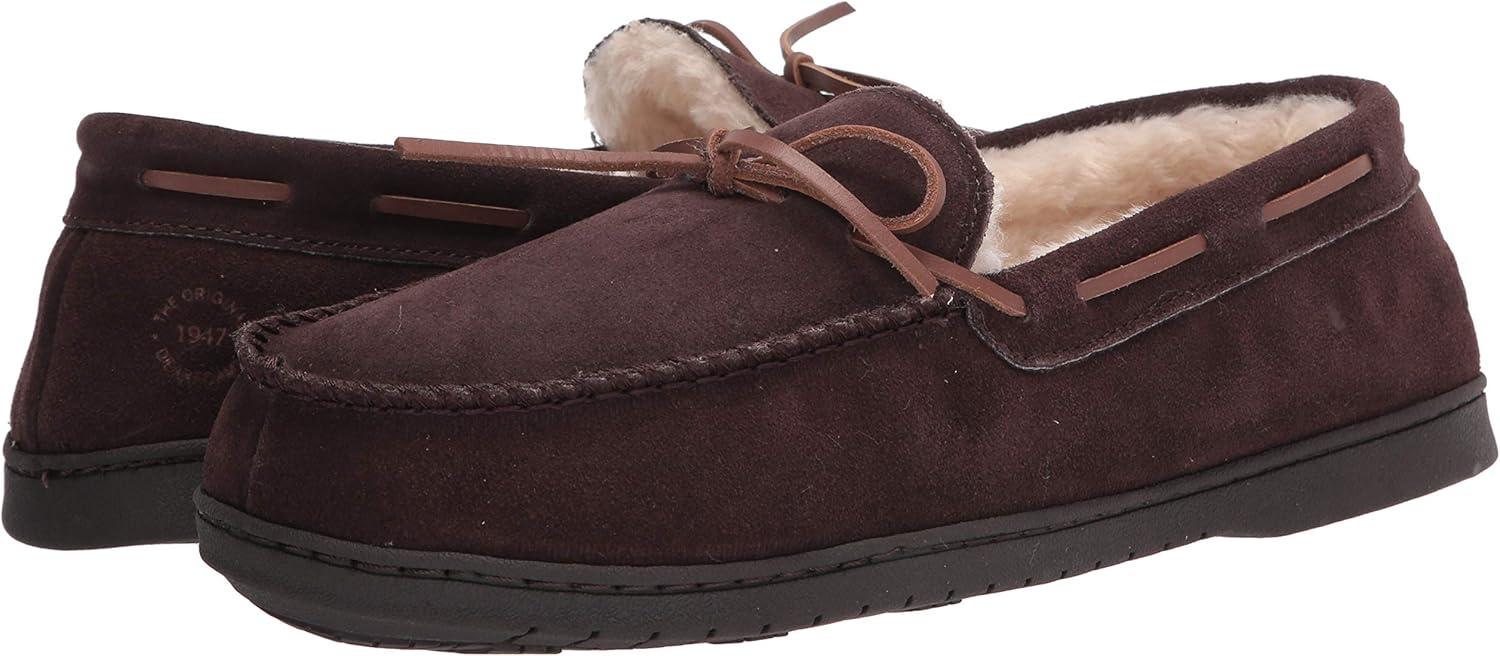 imageDearfoams mens Hudson Genuine Suede Memory Foam Moccasin With Tie SlipperCoffee