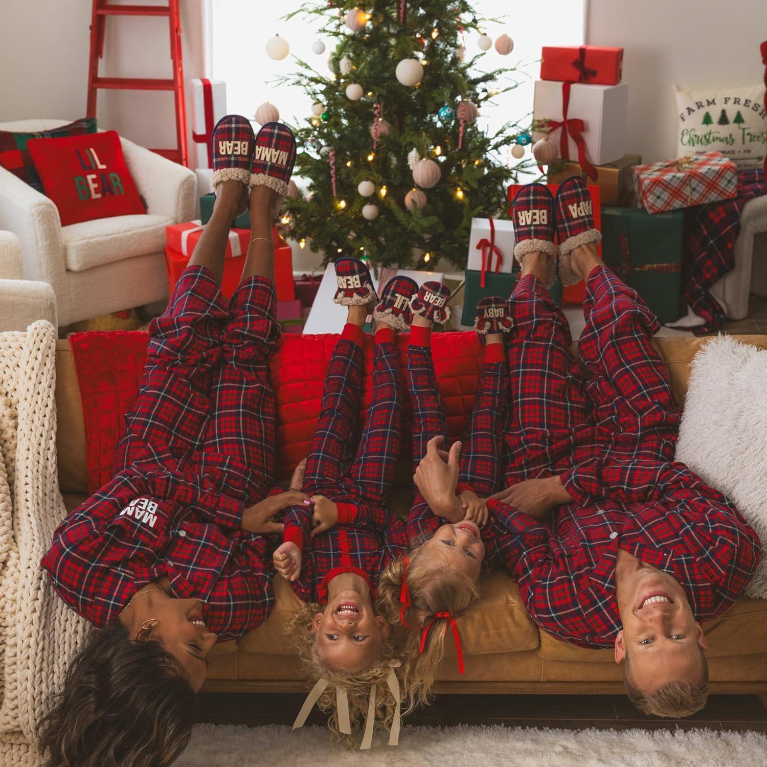 imageDearfoams mens Matching Family Holiday Papa Bear Sherpa Lined Moc Toe With Embroidery SlipperPeacoat
