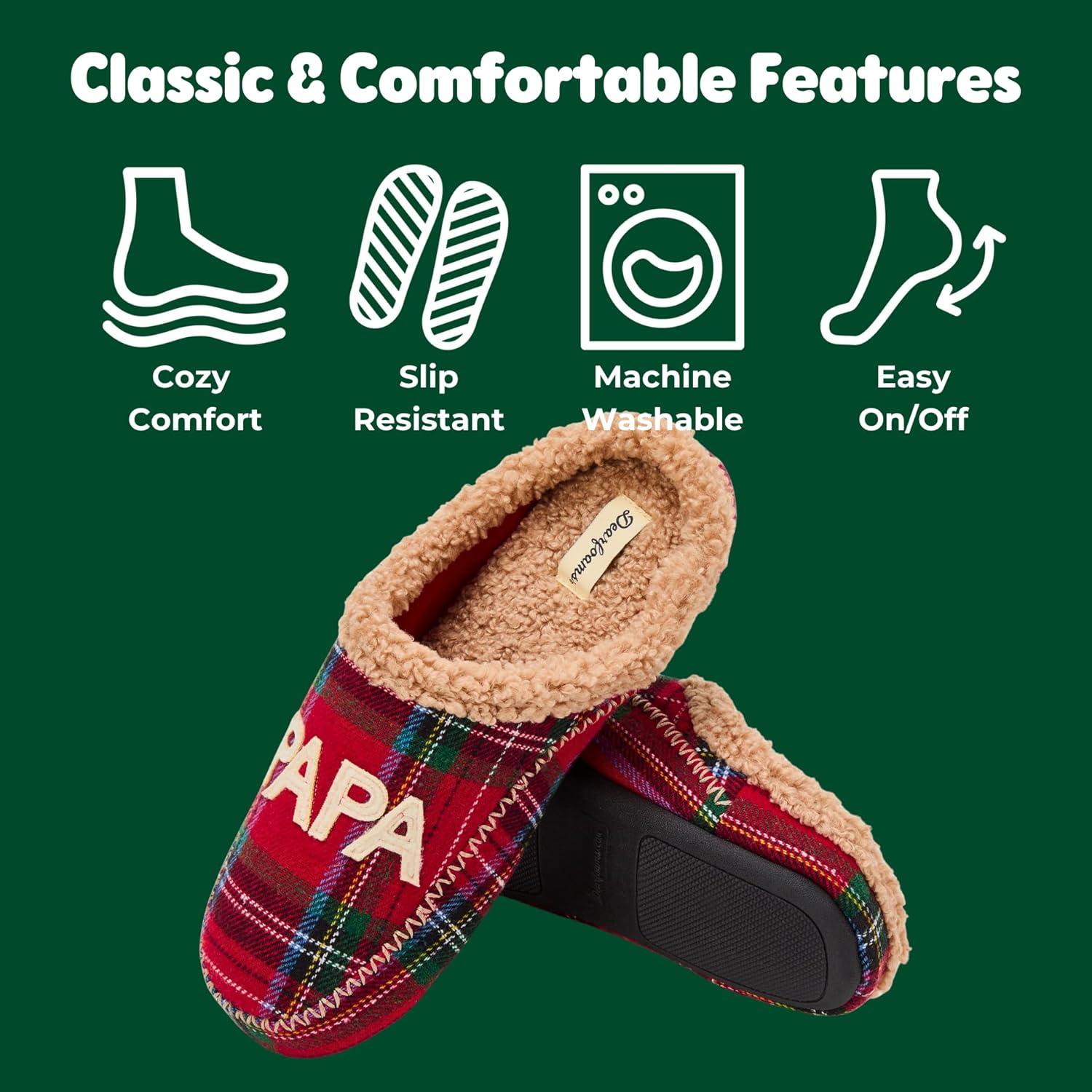 imageDearfoams mens Matching Family Holiday Papa Bear Sherpa Lined Moc Toe With Embroidery SlipperRed Tartan Plaid