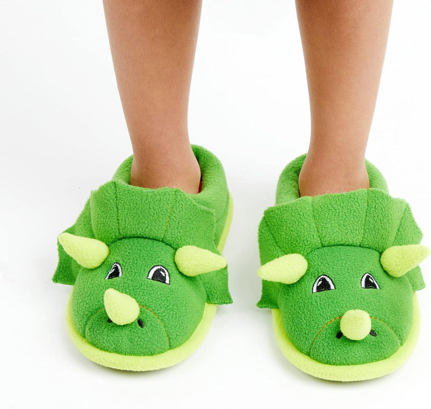 imageDearfoams unisexchild Kids Toddlers Whimsical Animal Critter Washable SlipperGreen Dinosaur