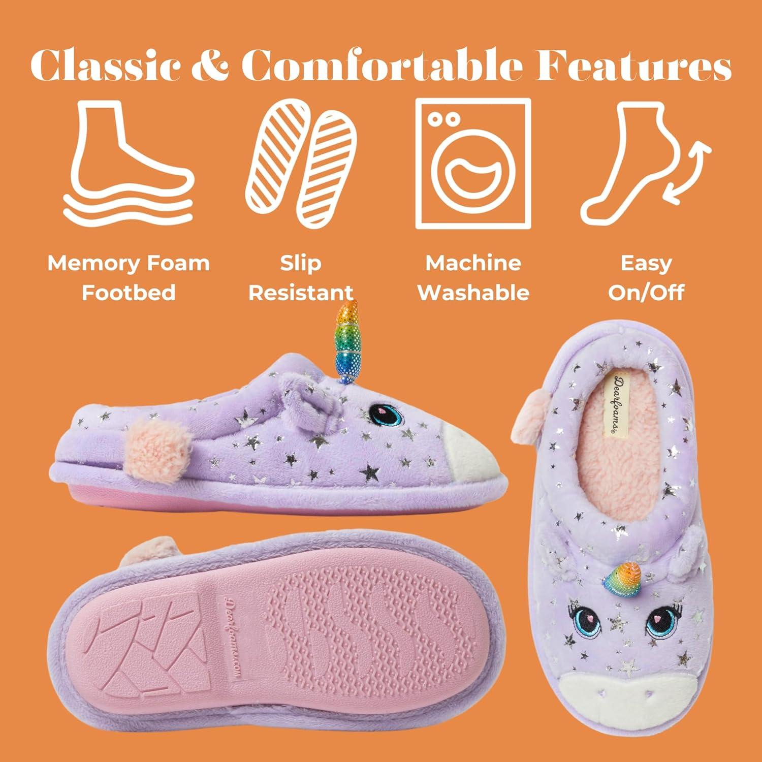 imageDearfoams unisexchild Kids Toddlers Whimsical Animal Critter Washable SlipperPurple Unicorn