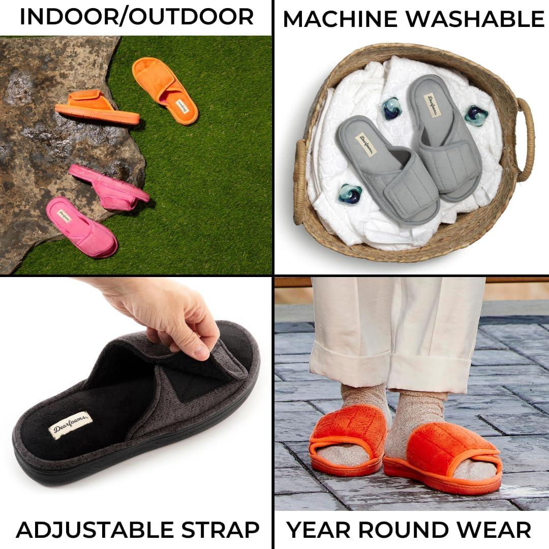 imageDearfoams womens Adjustable IndoorOutdoor Machine Washable Memory Foam SlideBlack Terry