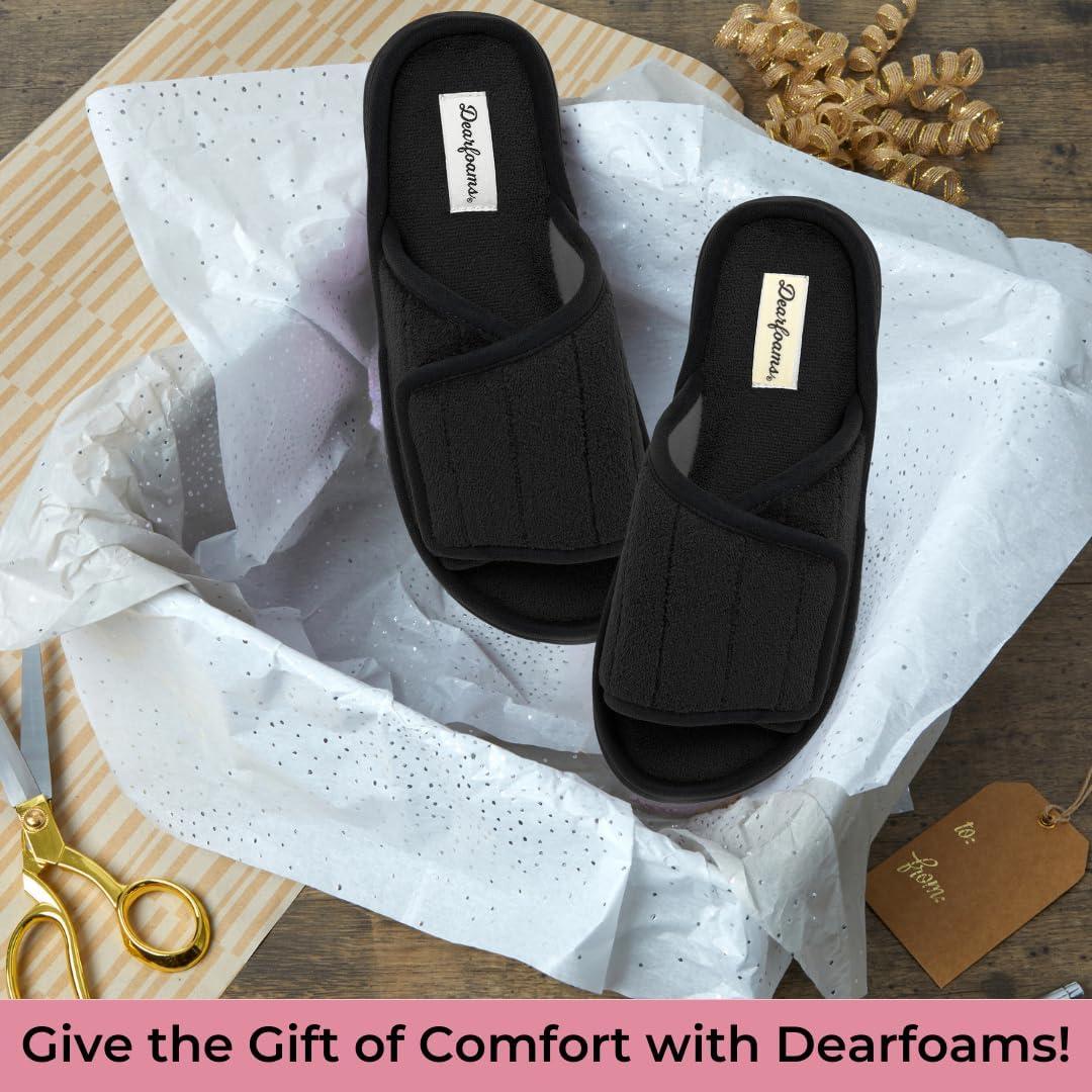 imageDearfoams womens Adjustable IndoorOutdoor Machine Washable Memory Foam SlideBlack Terry