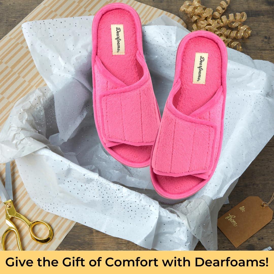 imageDearfoams womens Adjustable IndoorOutdoor Machine Washable Memory Foam SlideParadise Pink Terry