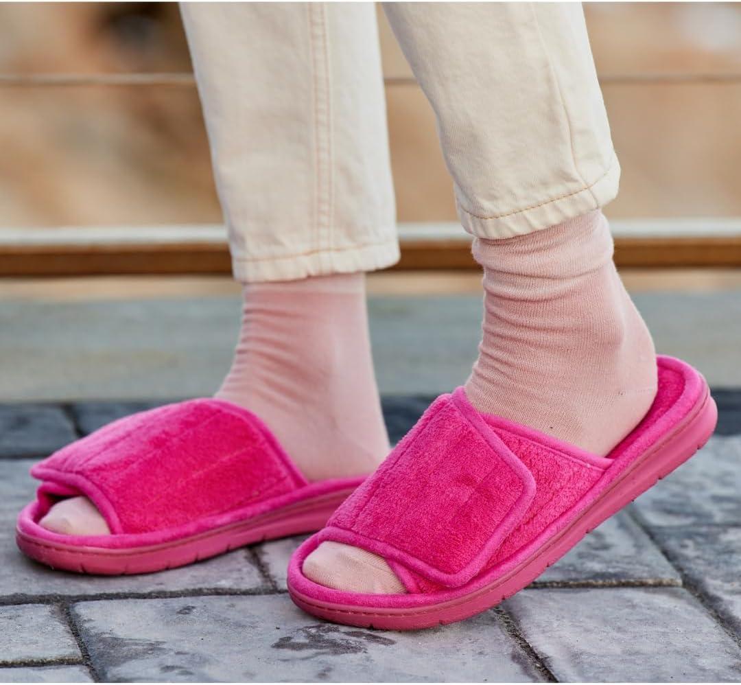 imageDearfoams womens Adjustable IndoorOutdoor Machine Washable Memory Foam SlideParadise Pink Terry