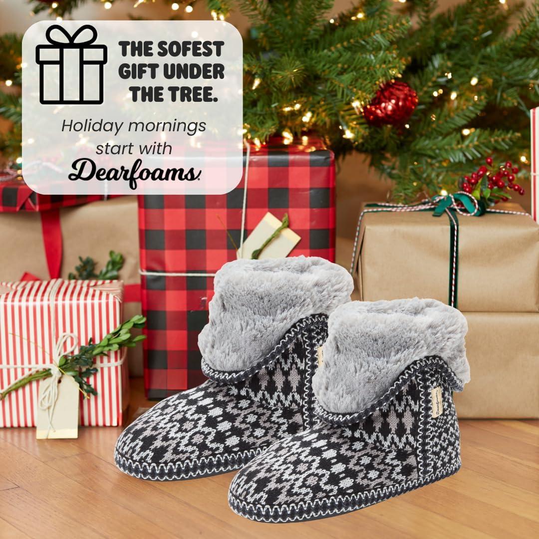 imageDearfoams womens Fuzzy Memory Foam Beth Bedroom Bootie Slipper Sock With GrippersBlack Fairisle
