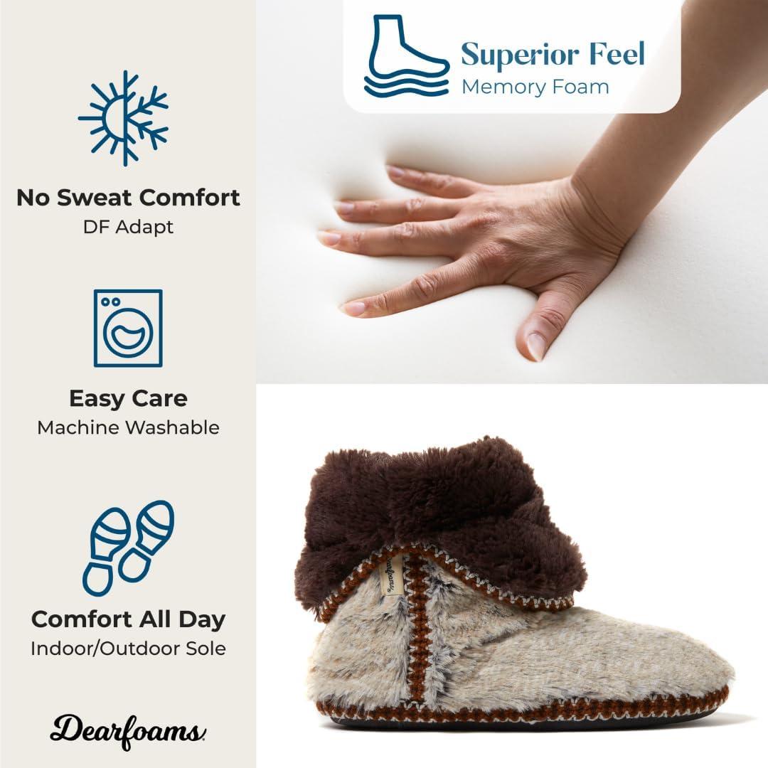 imageDearfoams womens Fuzzy Memory Foam Beth Bedroom Bootie Slipper Sock With GrippersBrown Frost
