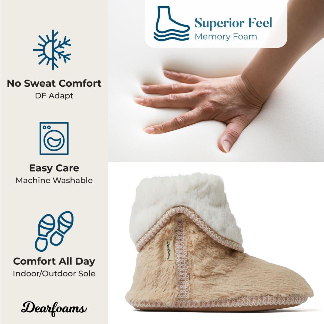 imageDearfoams womens Fuzzy Memory Foam Beth Bedroom Bootie Slipper Sock With GrippersLatte