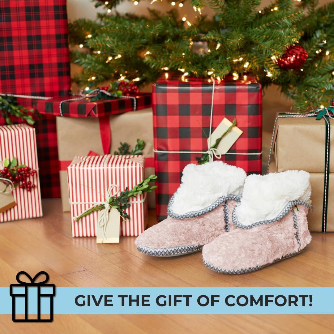 imageDearfoams womens Fuzzy Memory Foam Beth Bedroom Bootie Slipper Sock With GrippersMuslin White