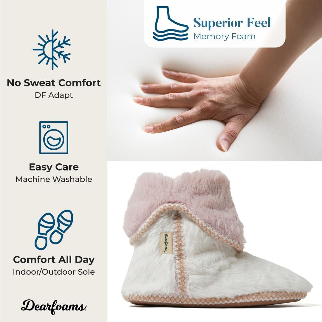imageDearfoams womens Fuzzy Memory Foam Beth Bedroom Bootie Slipper Sock With GrippersMuslin White