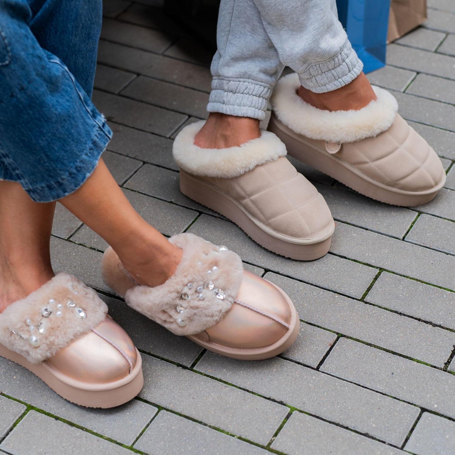 imageDearfoams womens Genuine Shearling Platform Slippers Bendigo Comfy Puff Plush Womens Clog House ShoesBlack