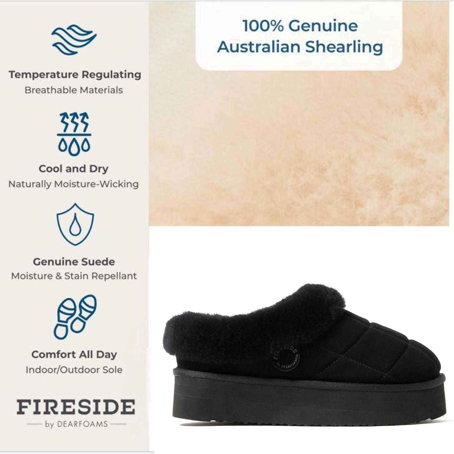 imageDearfoams womens Genuine Shearling Platform Slippers Bendigo Comfy Puff Plush Womens Clog House ShoesBlack