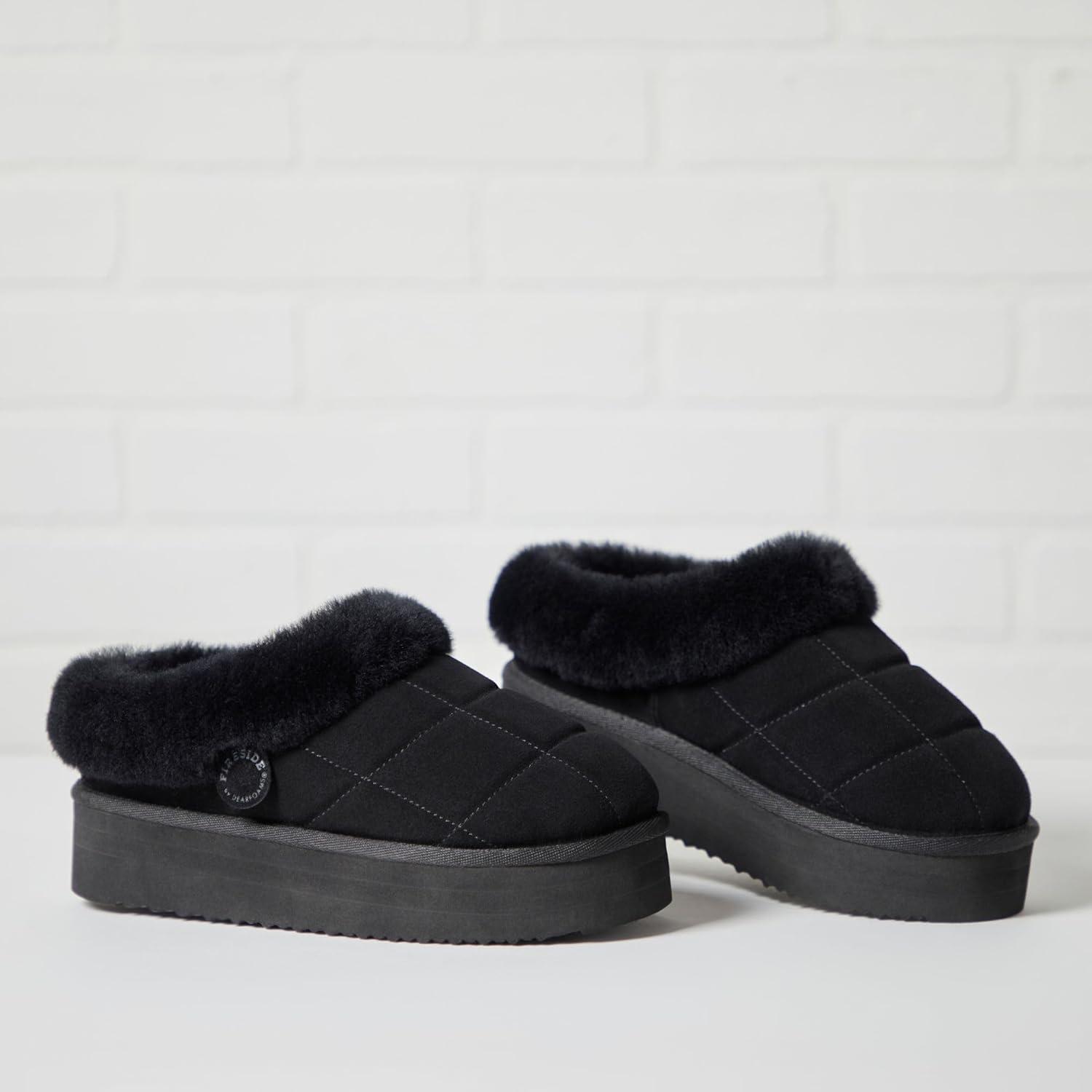 imageDearfoams womens Genuine Shearling Platform Slippers Bendigo Comfy Puff Plush Womens Clog House ShoesBlack