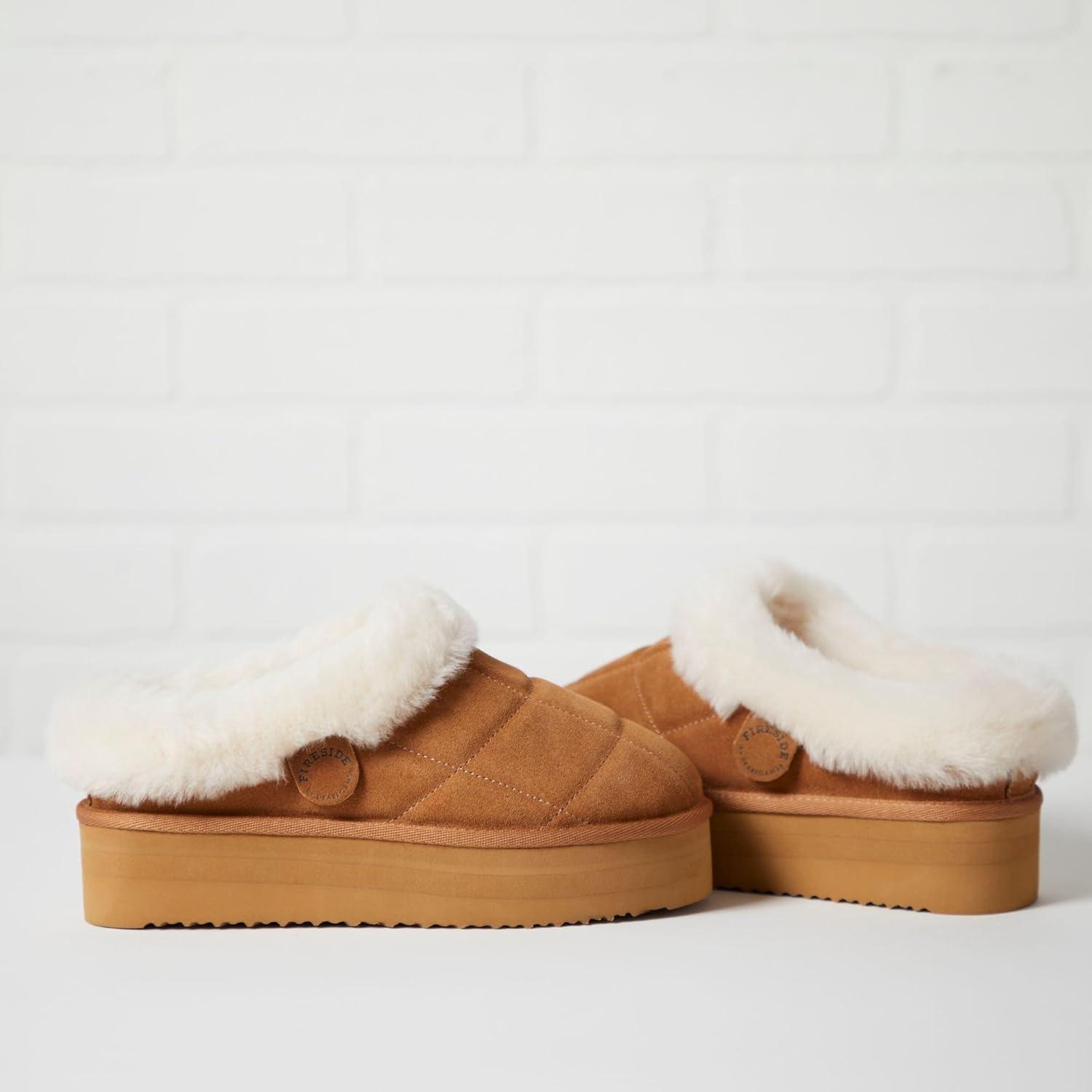 imageDearfoams womens Genuine Shearling Platform Slippers Bendigo Comfy Puff Plush Womens Clog House ShoesChestnut