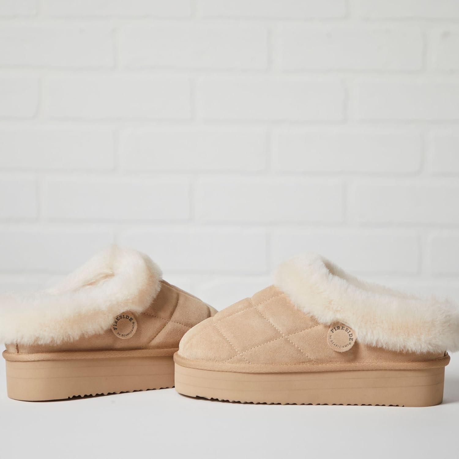 imageDearfoams womens Genuine Shearling Platform Slippers Bendigo Comfy Puff Plush Womens Clog House ShoesSand