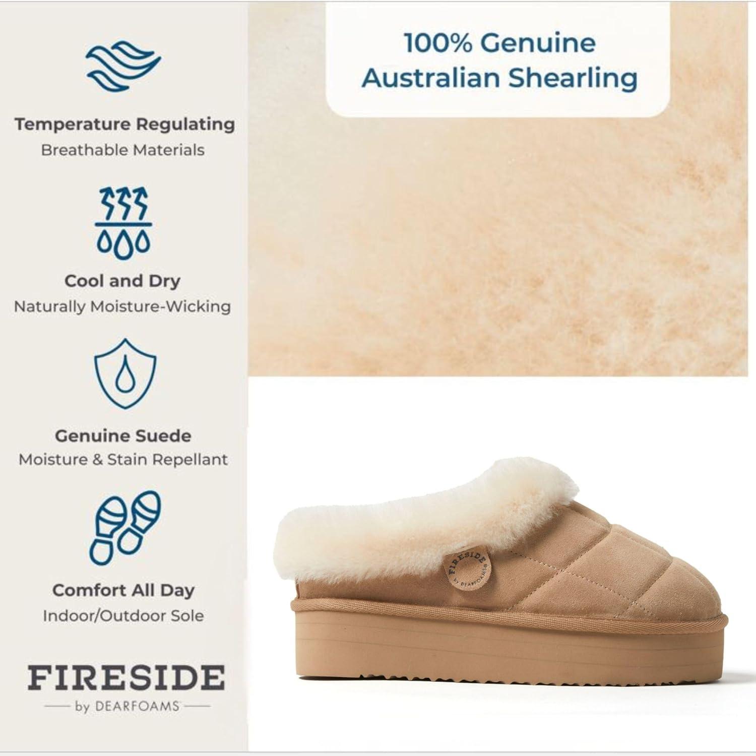 imageDearfoams womens Genuine Shearling Platform Slippers Bendigo Comfy Puff Plush Womens Clog House ShoesSand