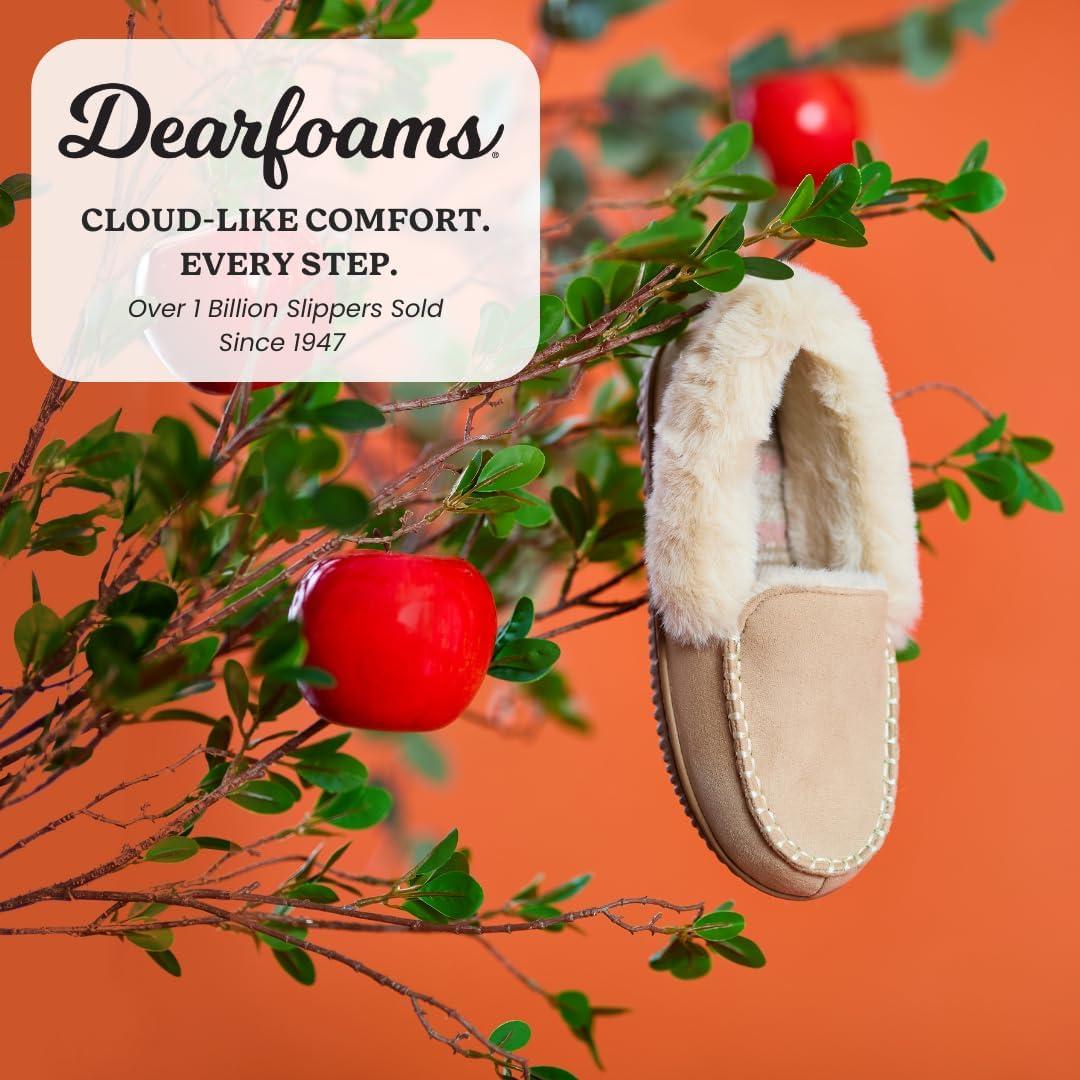 imageDearfoams womens Gifts for Women Fuzzy Memory Foam Outdoor Ryland Moccasin With Cuff Womens SlippersSand