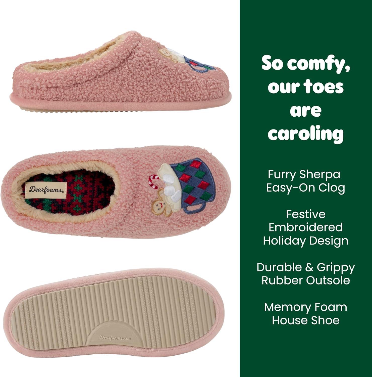imageDearfoams womens Holiday Christmas Gift Fuzzy Cozy Sherpa Novelty House Shoe SlipperGingerbread Latte