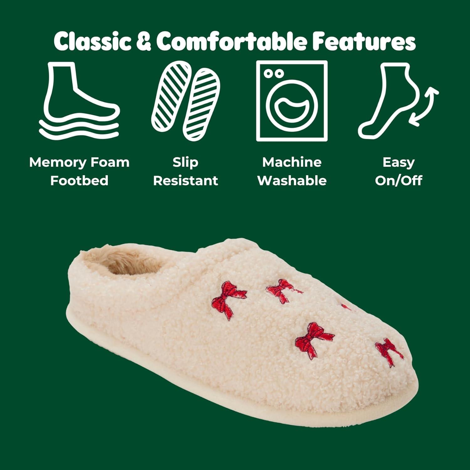 imageDearfoams womens Holiday Christmas Gift Fuzzy Cozy Sherpa Novelty House Shoe SlipperHoliday Gift Bow