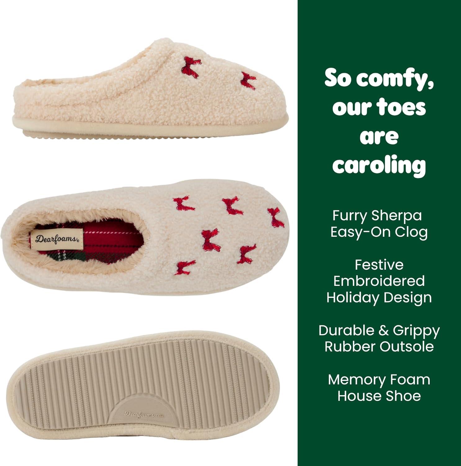 imageDearfoams womens Holiday Christmas Gift Fuzzy Cozy Sherpa Novelty House Shoe SlipperHoliday Gift Bow