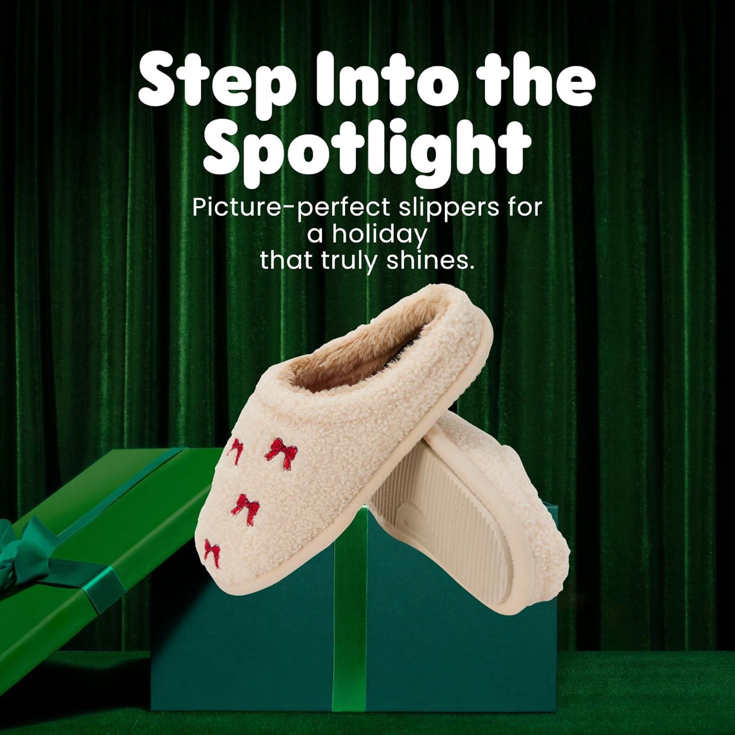 imageDearfoams womens Holiday Christmas Gift Fuzzy Cozy Sherpa Novelty House Shoe SlipperHoliday Gift Bow