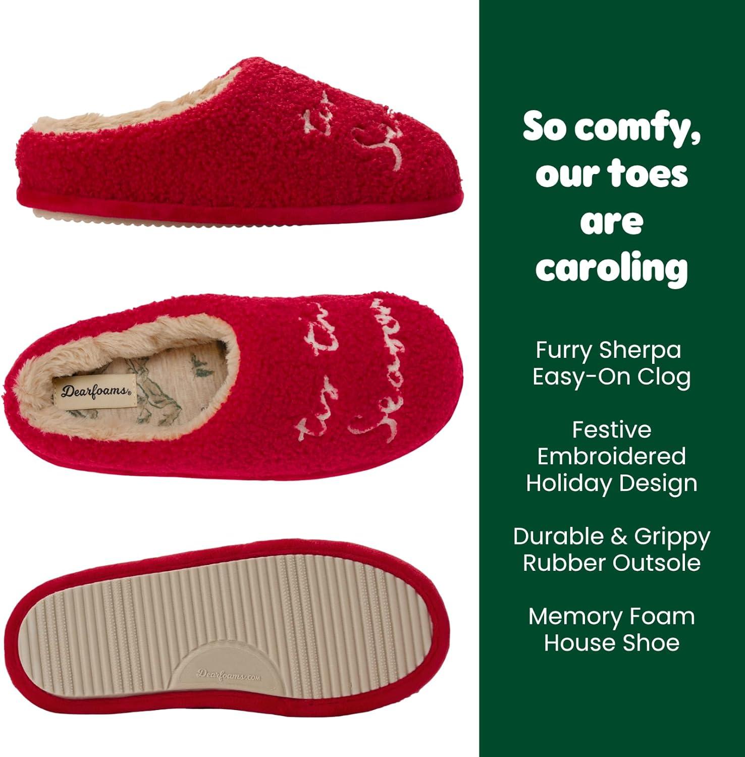 imageDearfoams womens Holiday Christmas Gift Fuzzy Cozy Sherpa Novelty House Shoe SlipperTis the Season to Be Cozy