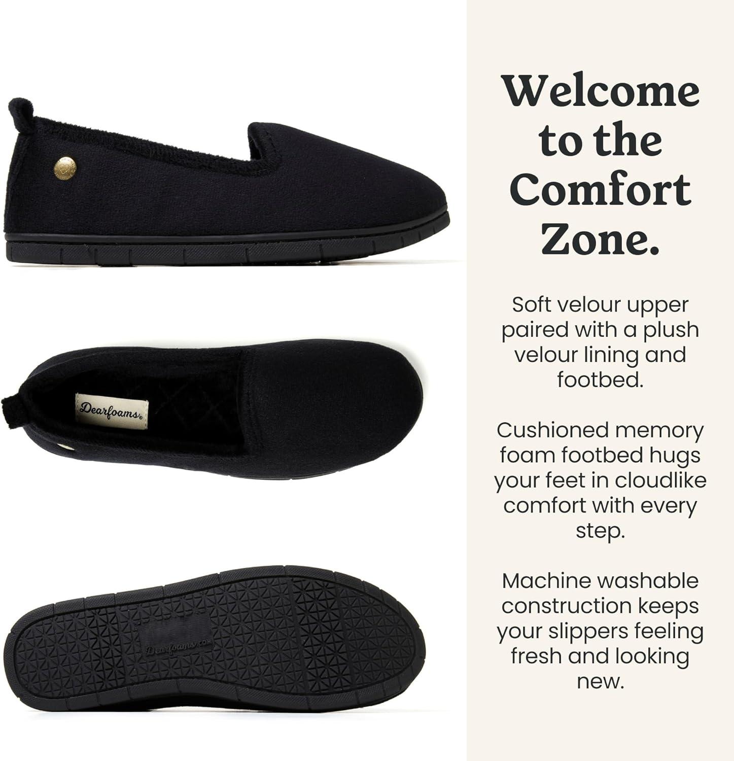 imageDearfoams womens Memory Foam Slipper Gifts for Her Rachel Closed Back House ShoeBlack Velour