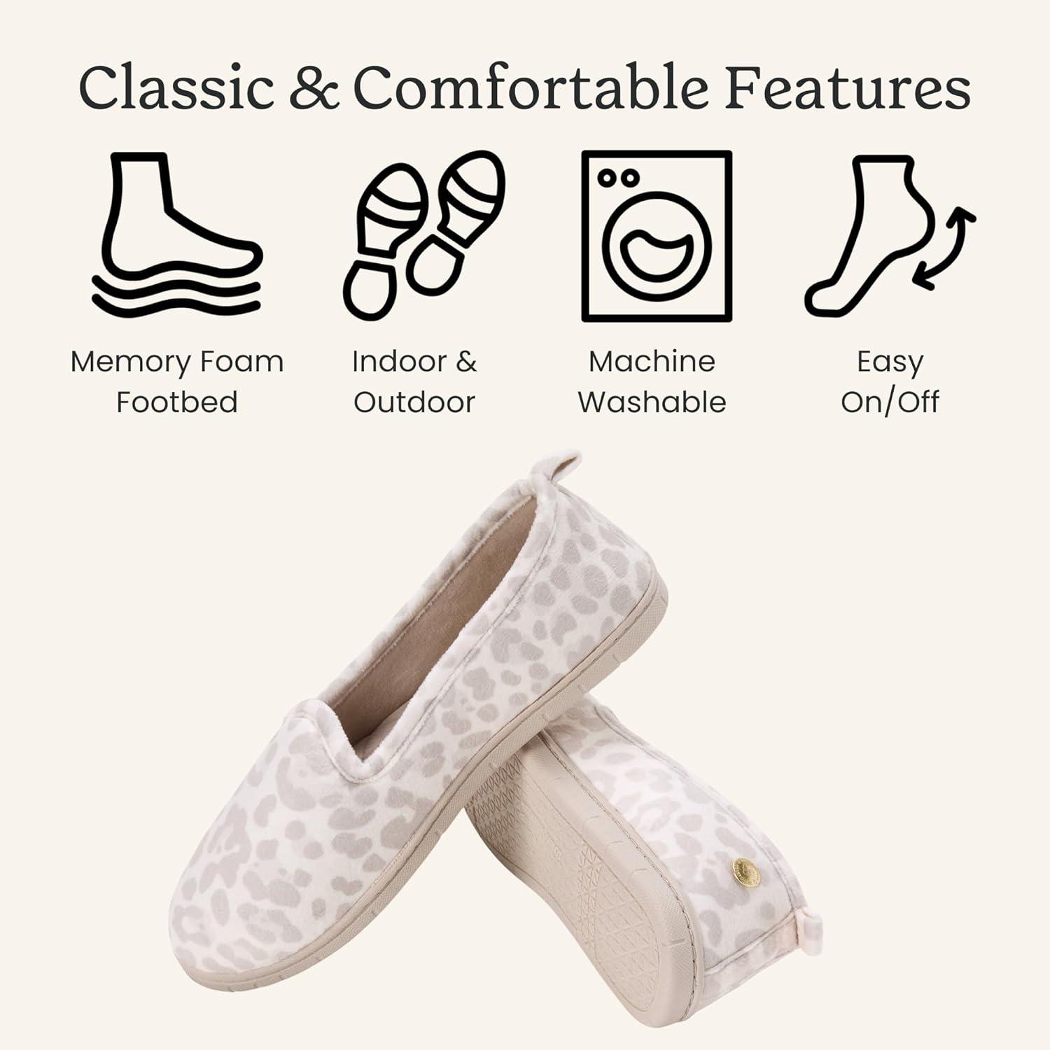 imageDearfoams womens Memory Foam Slipper Gifts for Her Rachel Closed Back House ShoeLeopard Velour
