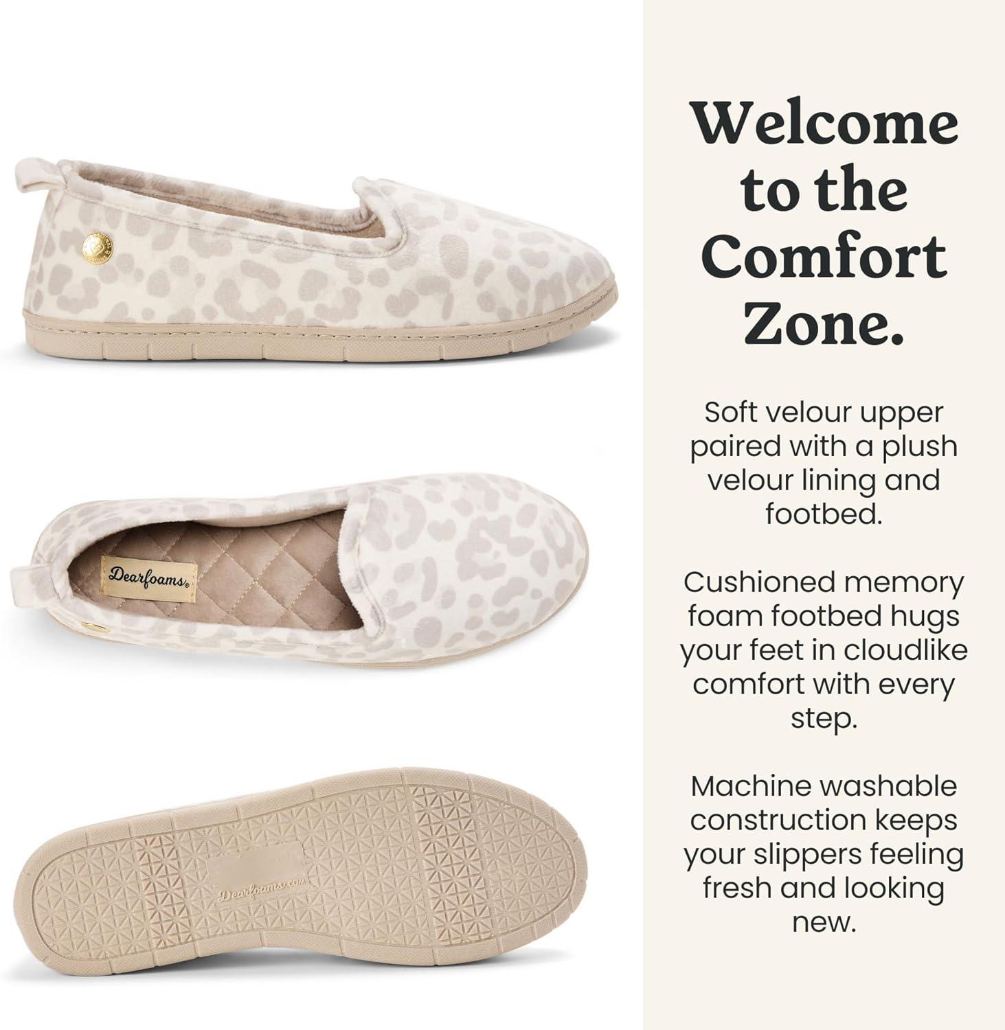 imageDearfoams womens Memory Foam Slipper Gifts for Her Rachel Closed Back House ShoeLeopard Velour