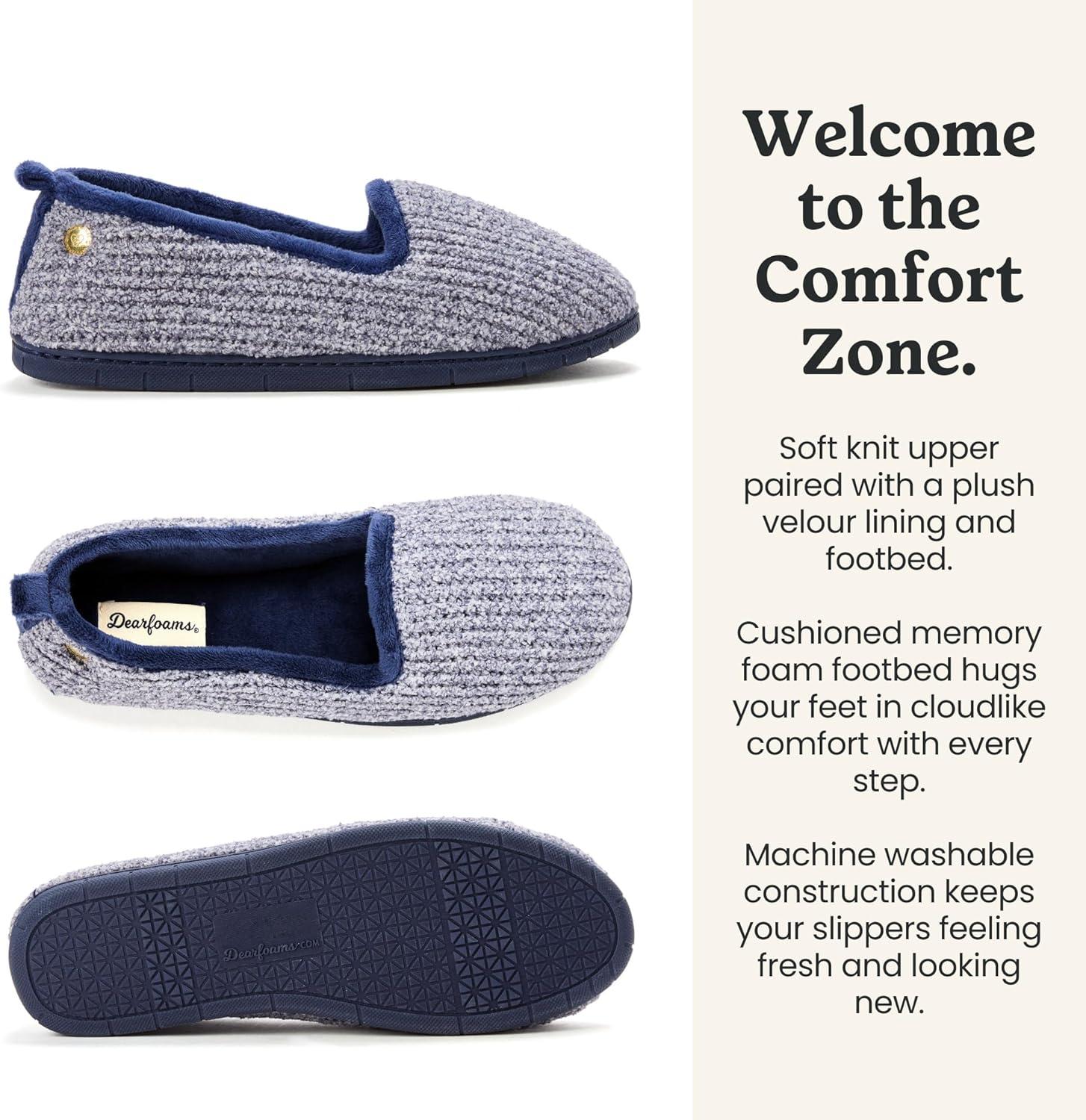imageDearfoams womens Memory Foam Slipper Gifts for Her Rachel Closed Back House ShoeNavy Chenille