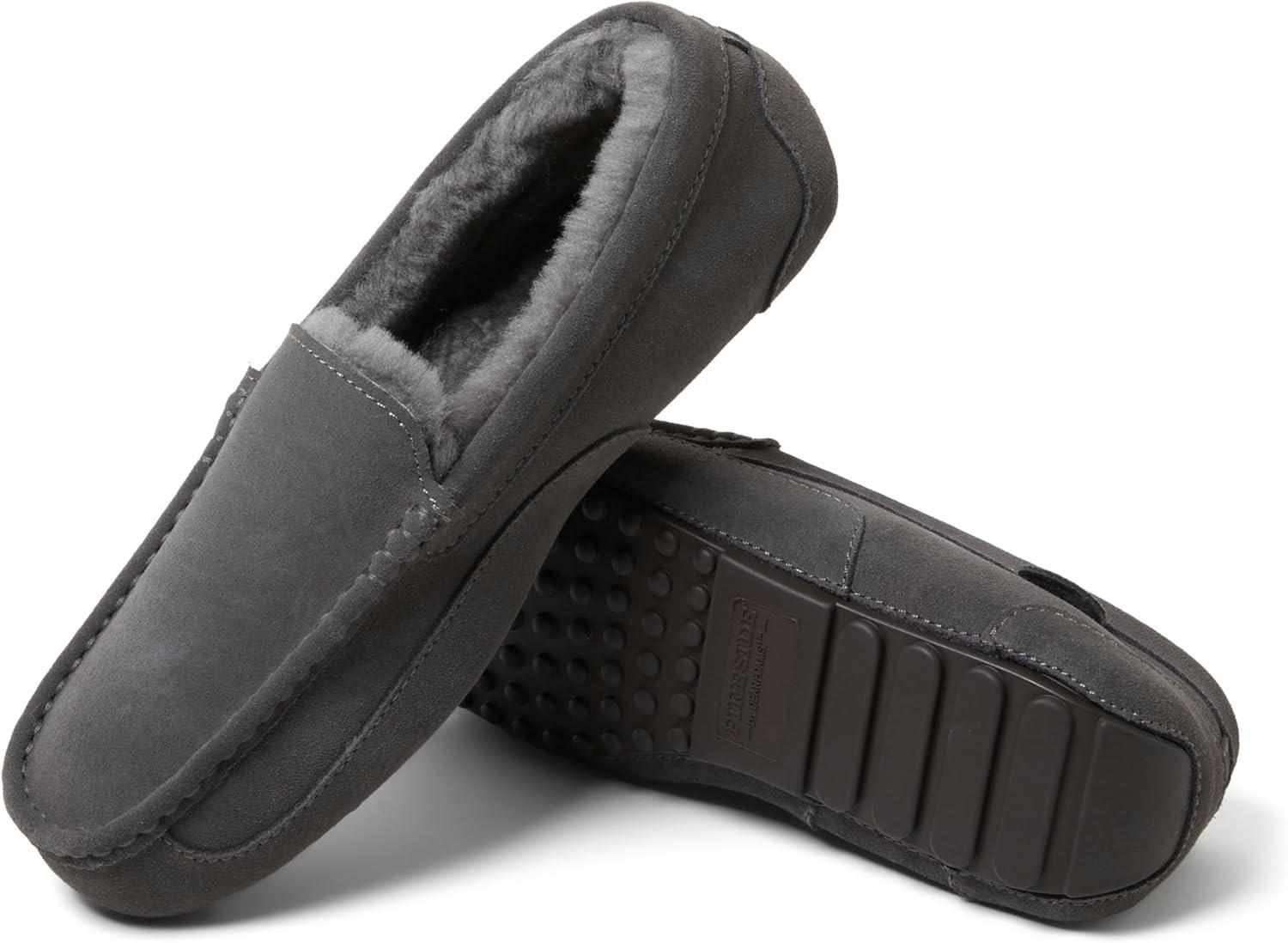 imageFireside By Dearfoams Mens Melbourne Genuine Shearling Moccasin Slippers Memory Foam Sudede Loafers Slipin House ShoesGrey Solid