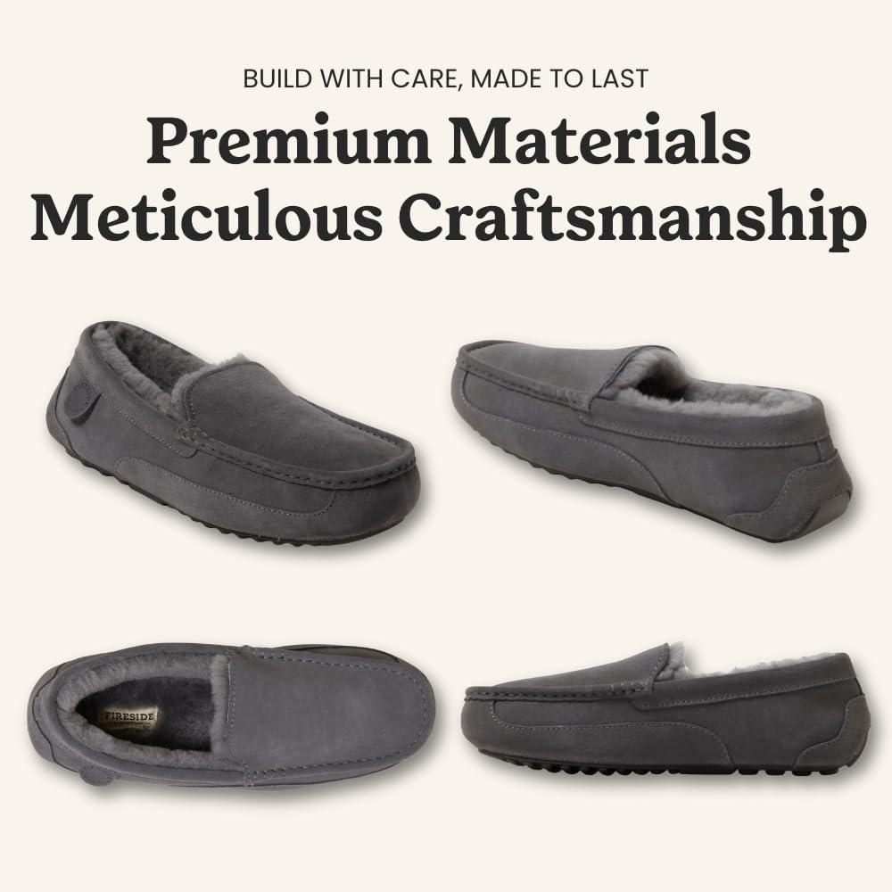 imageFireside By Dearfoams Mens Melbourne Genuine Shearling Moccasin Slippers Memory Foam Sudede Loafers Slipin House ShoesGrey Solid