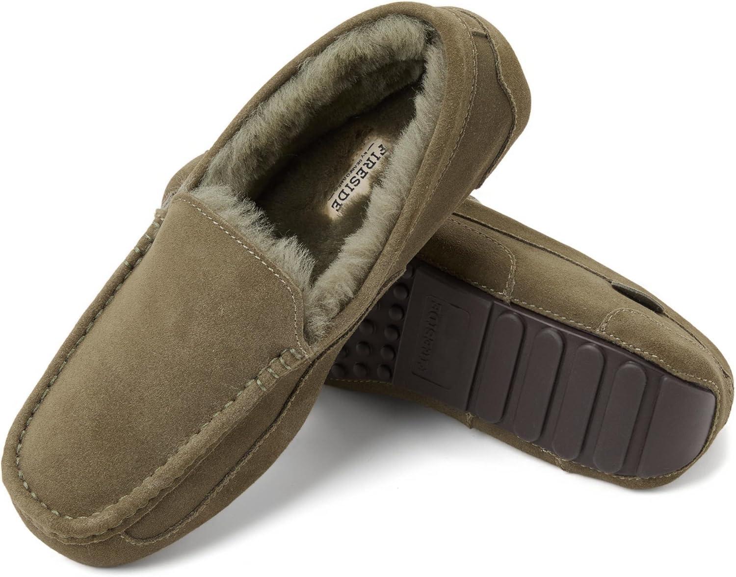 imageFireside By Dearfoams Mens Melbourne Genuine Shearling Moccasin Slippers Memory Foam Sudede Loafers Slipin House ShoesLoden