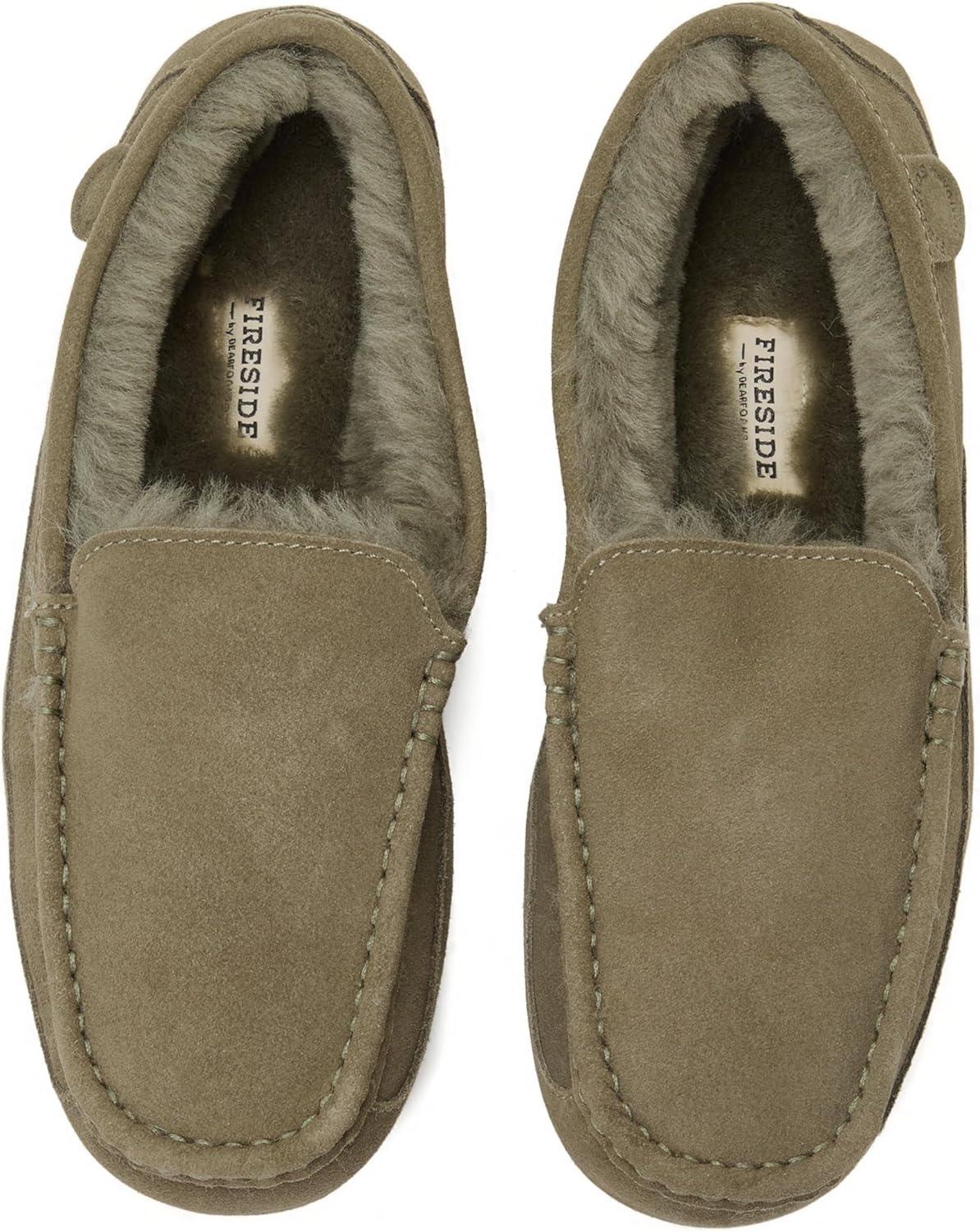 imageFireside By Dearfoams Mens Melbourne Genuine Shearling Moccasin Slippers Memory Foam Sudede Loafers Slipin House ShoesLoden