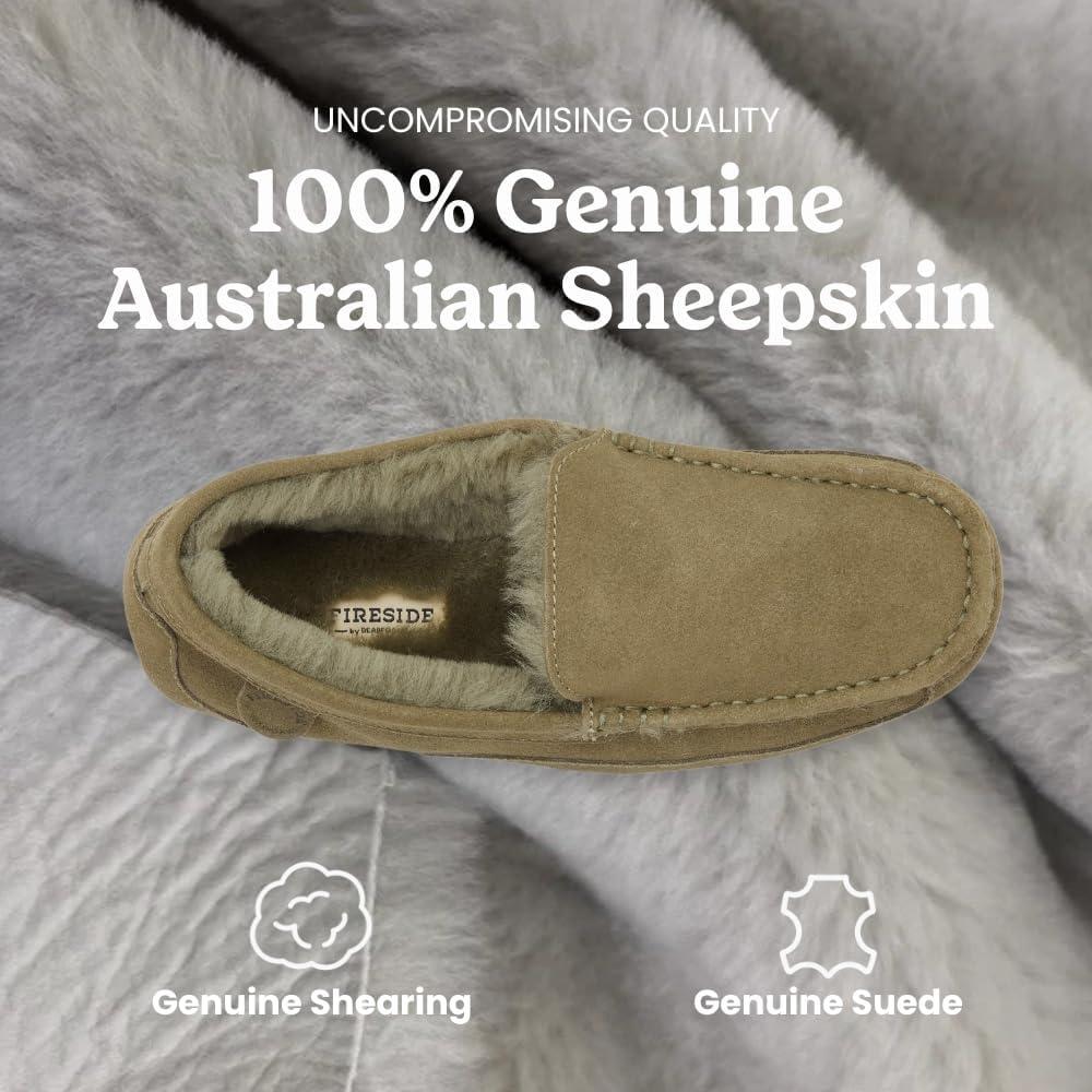 imageFireside By Dearfoams Mens Melbourne Genuine Shearling Moccasin Slippers Memory Foam Sudede Loafers Slipin House ShoesLoden
