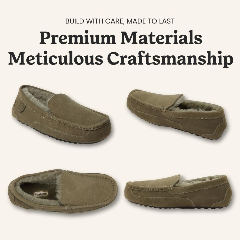 imageFireside By Dearfoams Mens Melbourne Genuine Shearling Moccasin Slippers Memory Foam Sudede Loafers Slipin House ShoesLoden