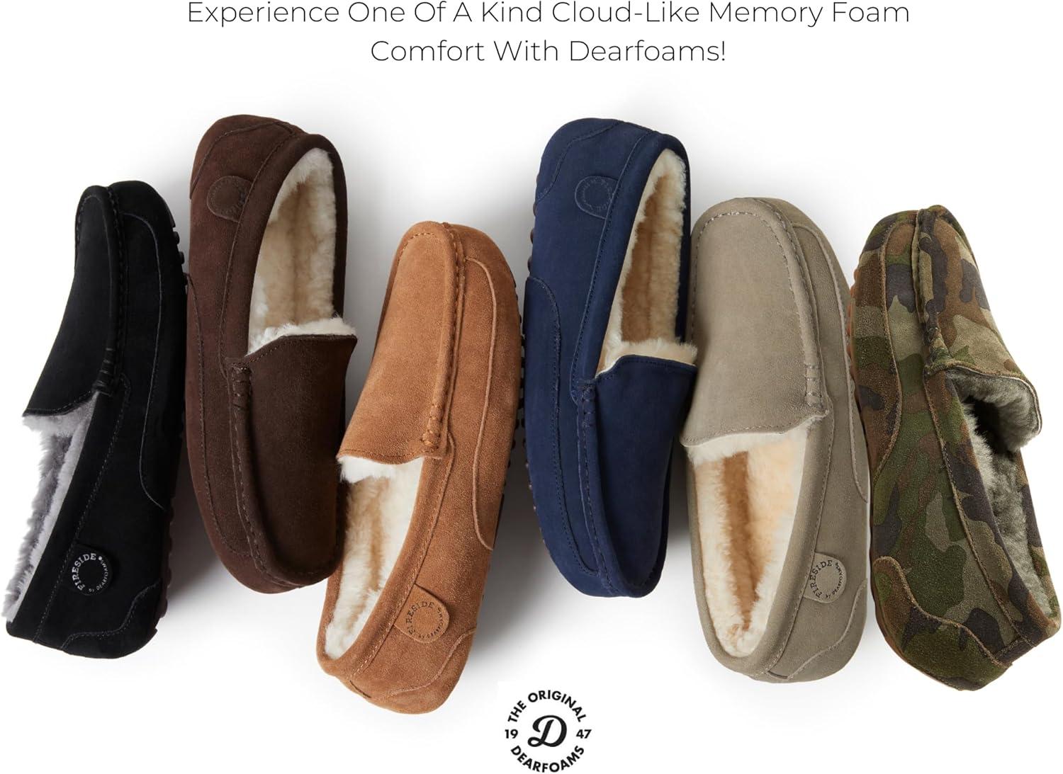 imageFireside By Dearfoams Mens Melbourne Genuine Shearling Moccasin Slippers Memory Foam Sudede Loafers Slipin House ShoesMoss