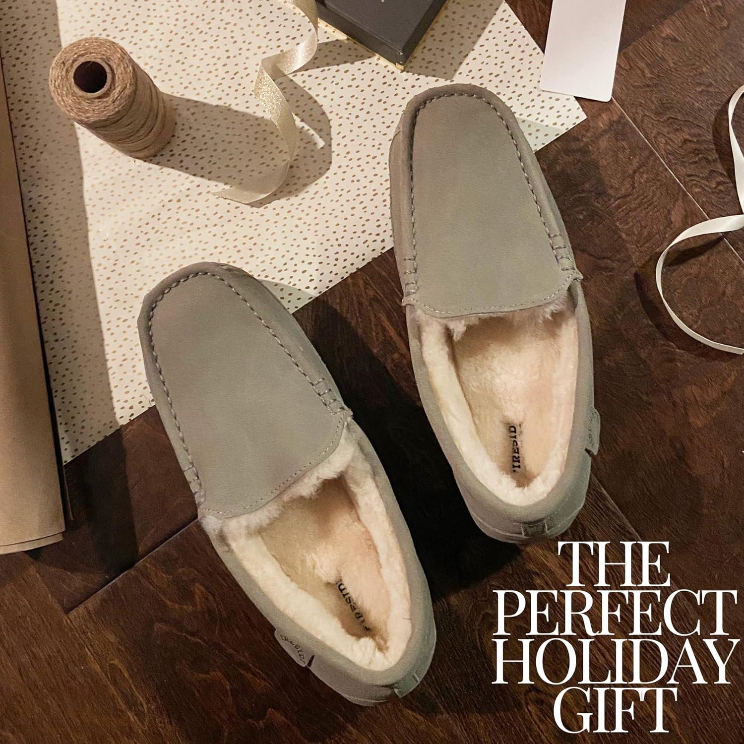 imageFireside By Dearfoams Mens Melbourne Genuine Shearling Moccasin Slippers Memory Foam Sudede Loafers Slipin House ShoesMoss