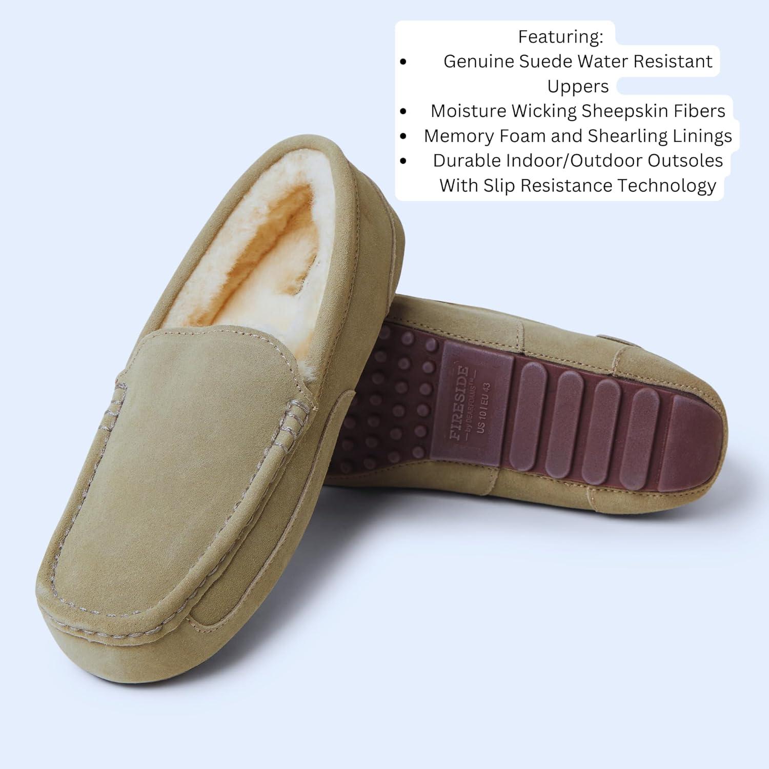 imageFireside By Dearfoams Mens Melbourne Genuine Shearling Moccasin Slippers Memory Foam Sudede Loafers Slipin House ShoesMoss