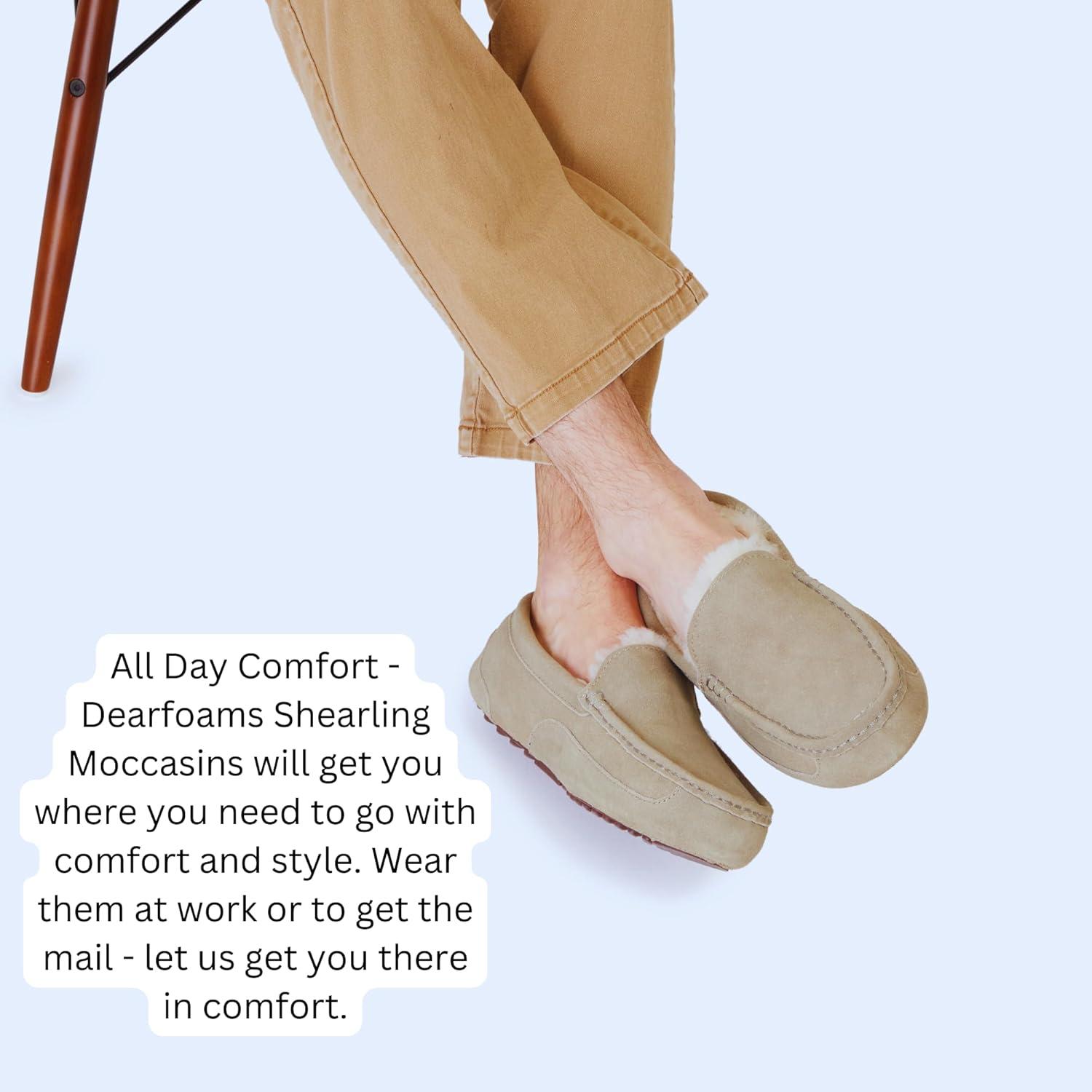 imageFireside By Dearfoams Mens Melbourne Genuine Shearling Moccasin Slippers Memory Foam Sudede Loafers Slipin House ShoesMoss
