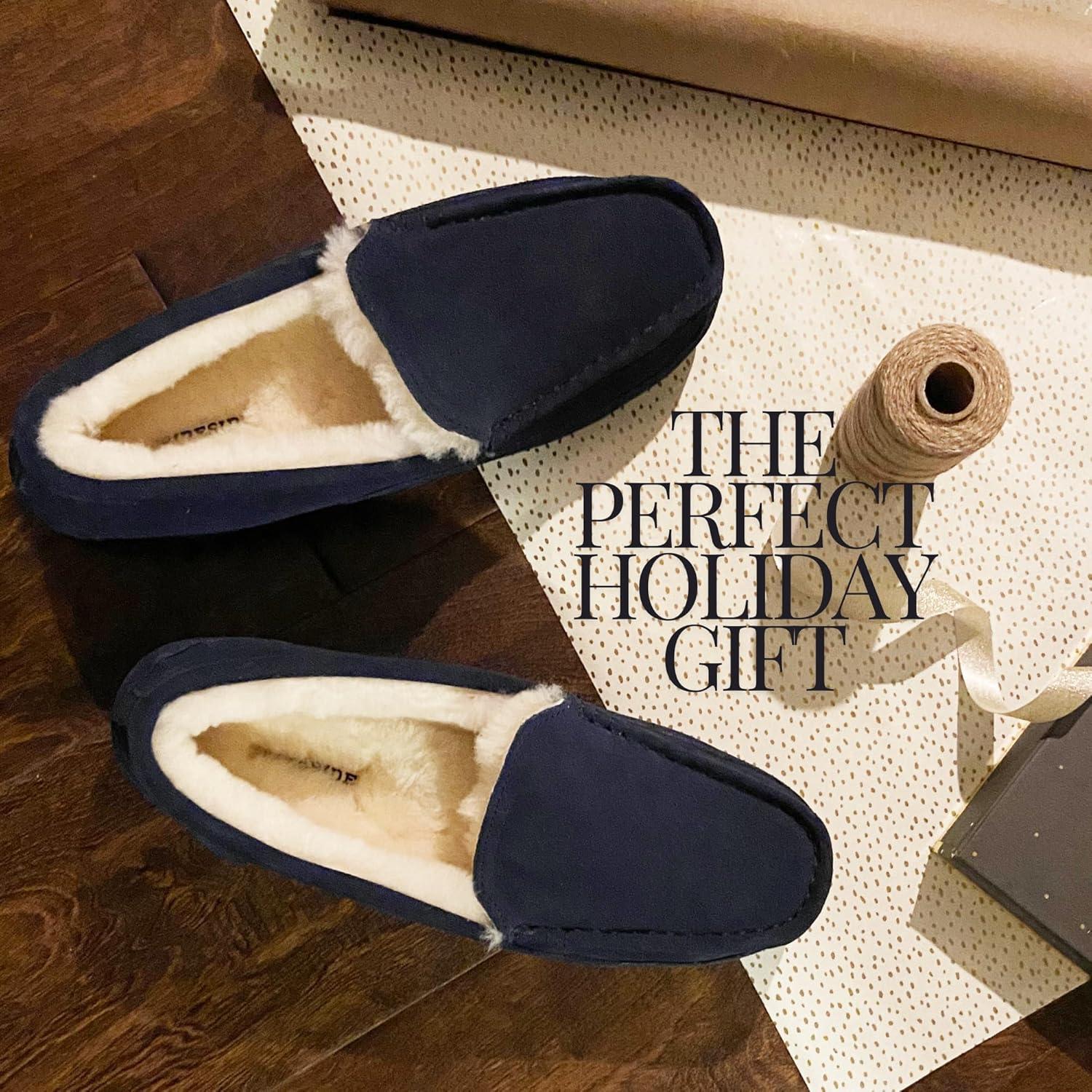 imageFireside By Dearfoams Mens Melbourne Genuine Shearling Moccasin Slippers Memory Foam Sudede Loafers Slipin House ShoesNavy