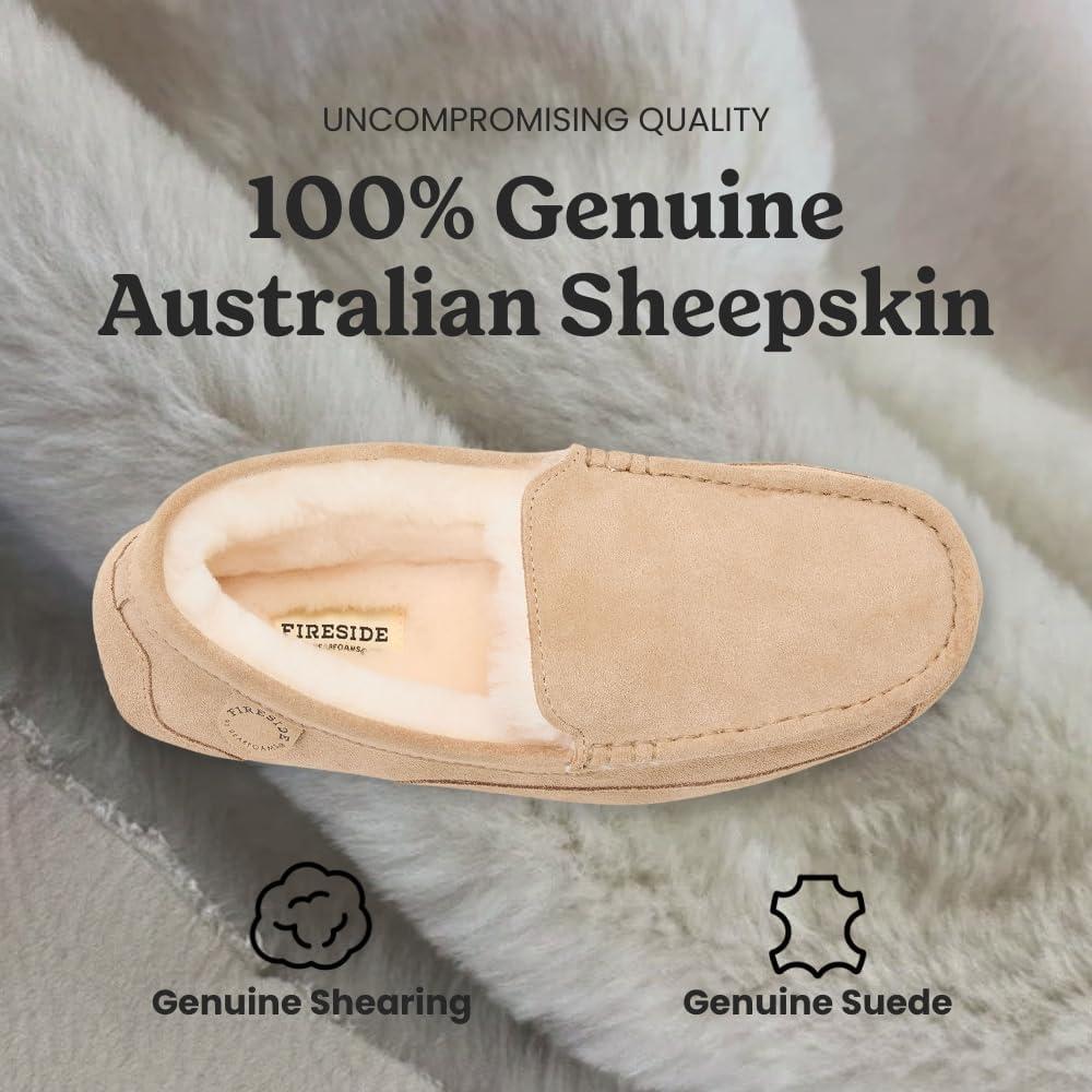 imageFireside By Dearfoams Mens Melbourne Genuine Shearling Moccasin Slippers Memory Foam Sudede Loafers Slipin House ShoesSand